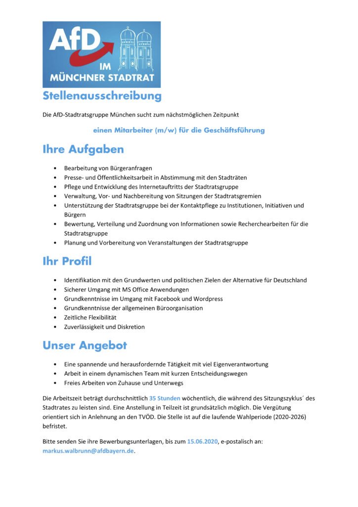 Stellenausschreibung Geschäftsführung AfD München